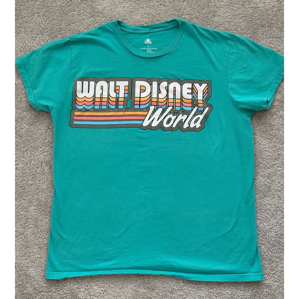 Disney Parks Walt Disney World Retro Rainbow Teal Graphic T-Shirt Large